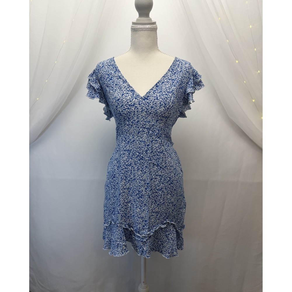 SBETRO Blue White Floral Mini Dress Womens Size‎ M Ruffle Tiered Open Back Tie